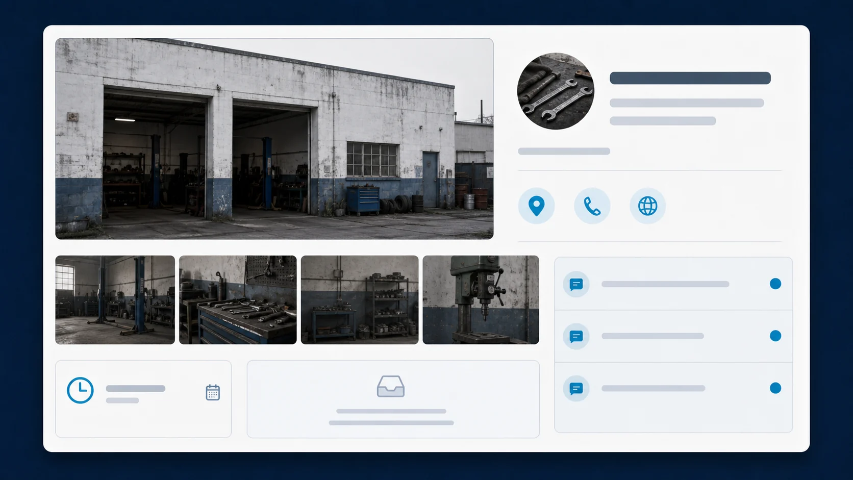 Perfil de oficina com fotos antigas e avaliações sem resposta