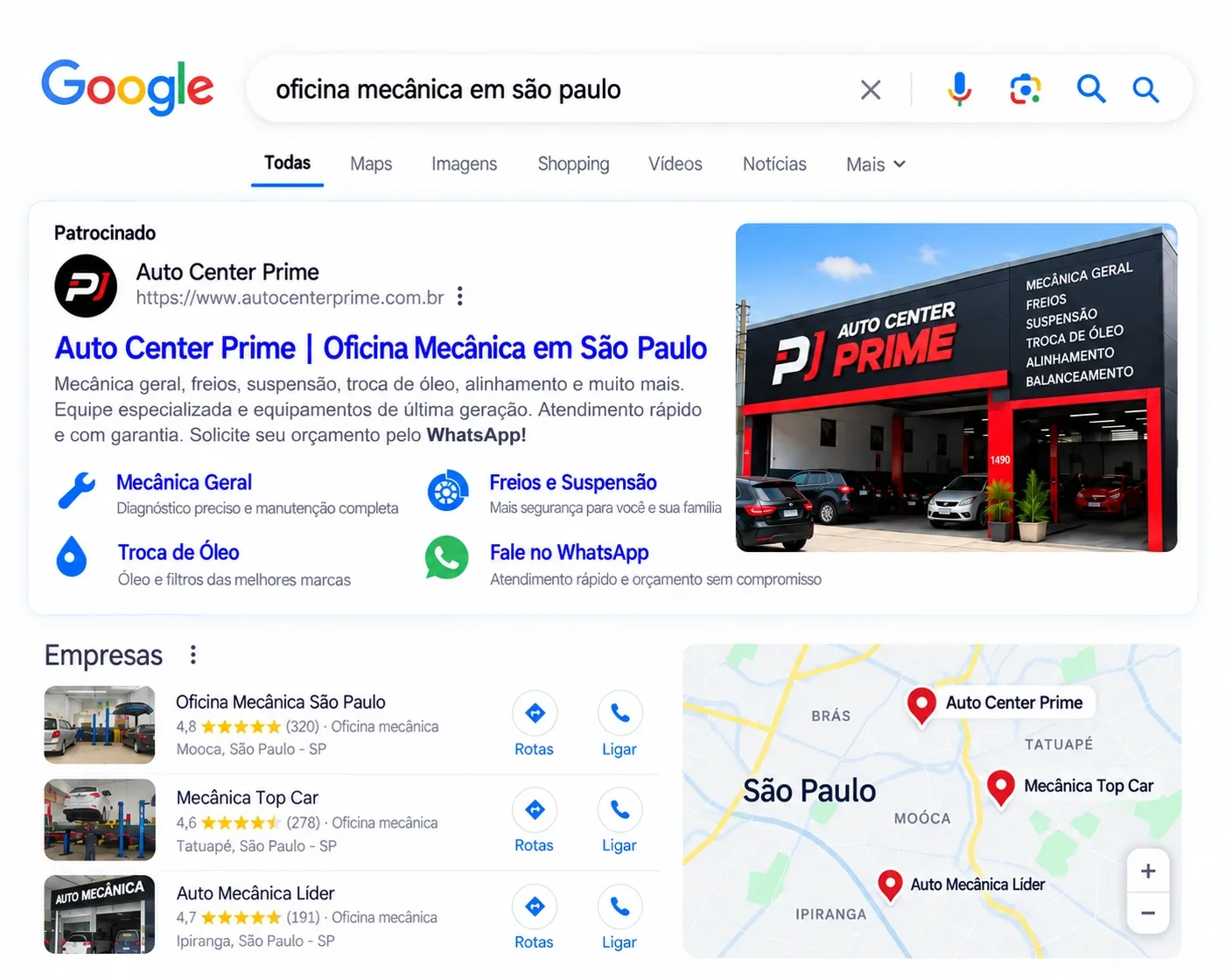 Busca por oficina mecânica no Google com um anúncio patrocinado no topo e oficinas no mapa logo abaixo