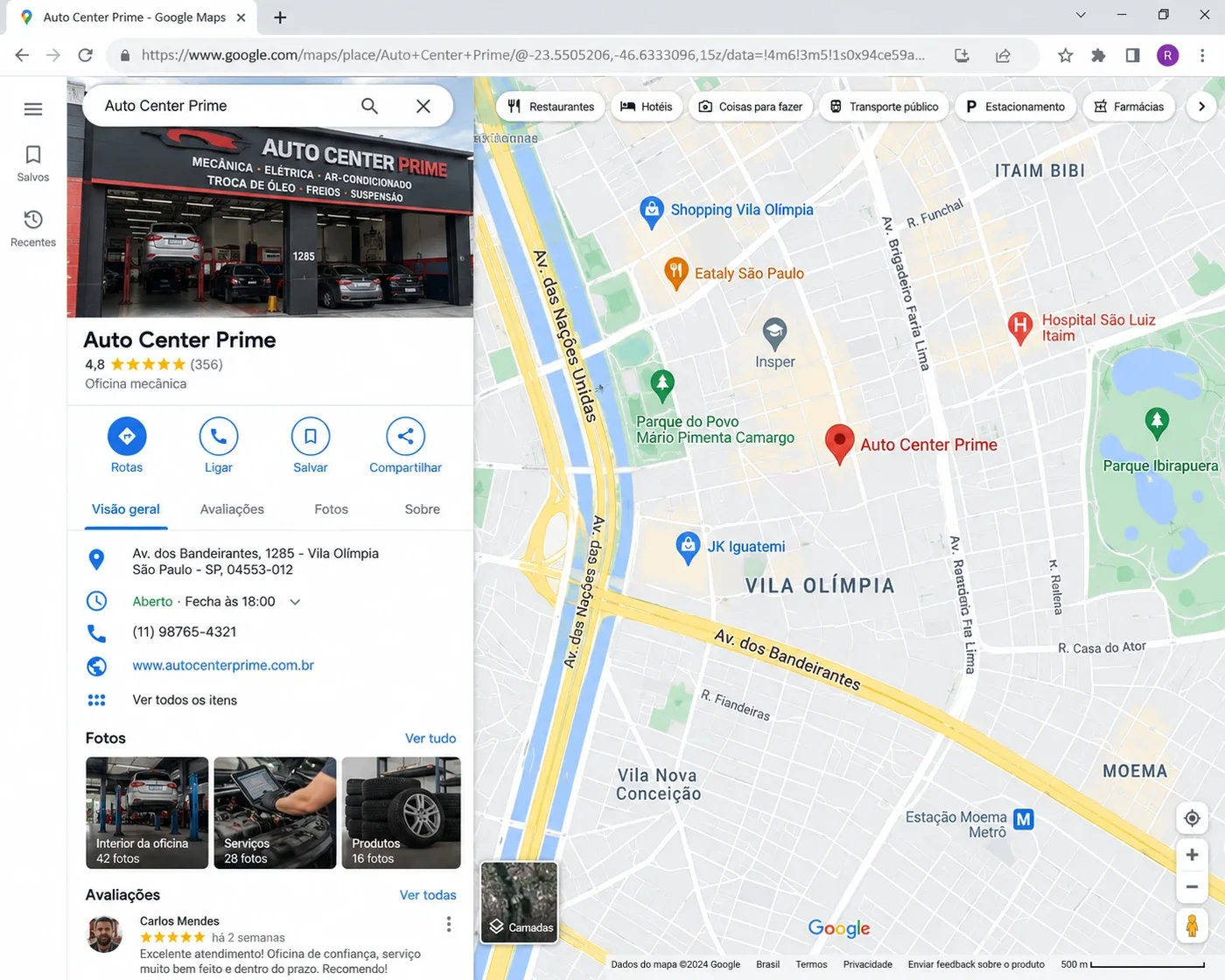 Perfil de uma oficina no Google Maps com foto da fachada, nota, endereço, horário, telefone e site