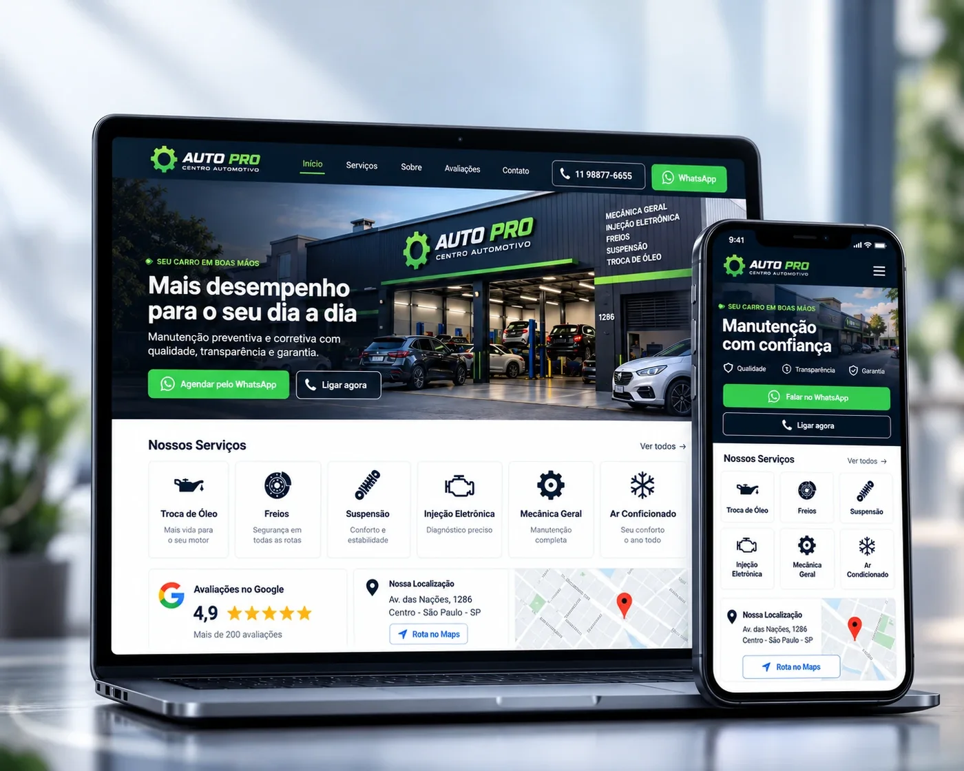 Site de um auto center aberto no notebook e no celular, com serviços, avaliações do Google, endereço e botão de WhatsApp